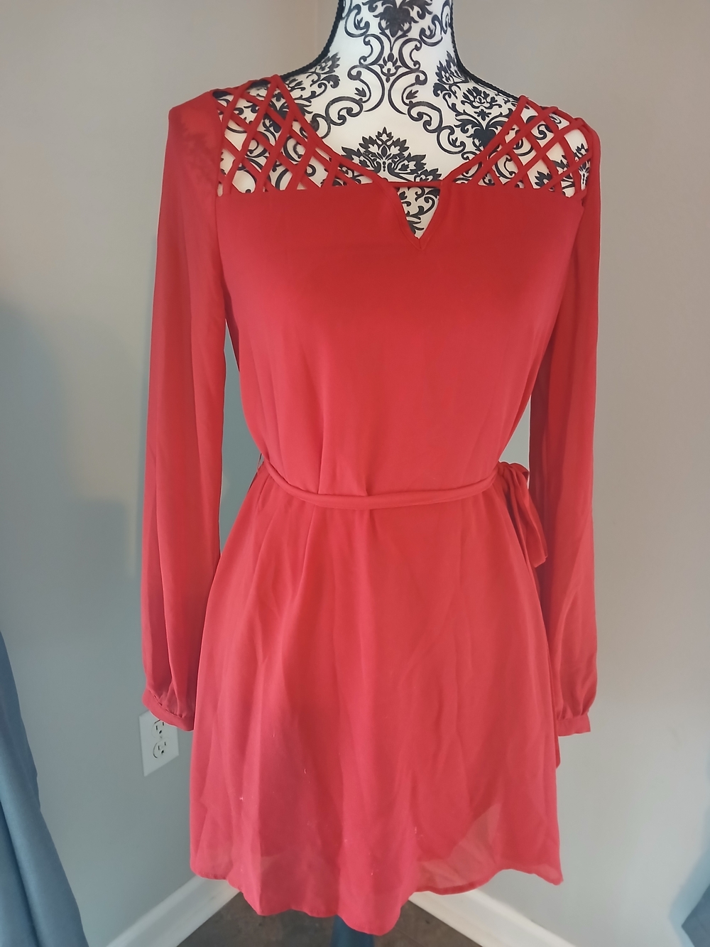 Naked Zebra Red Long-Sleeve Lattice Yoke Dress